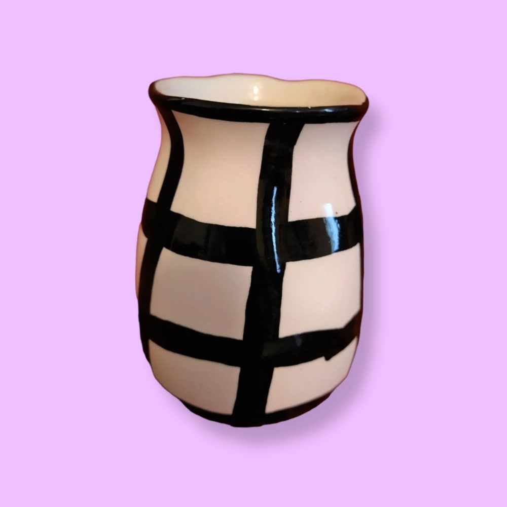 Black White Grid Decorative Ceramic Vase with Tapered Neck and Flared Rim